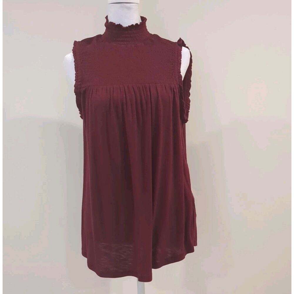 About A Girl Womens M Maroon High Neck Casual Sleeveless Top Smocked Flowy
